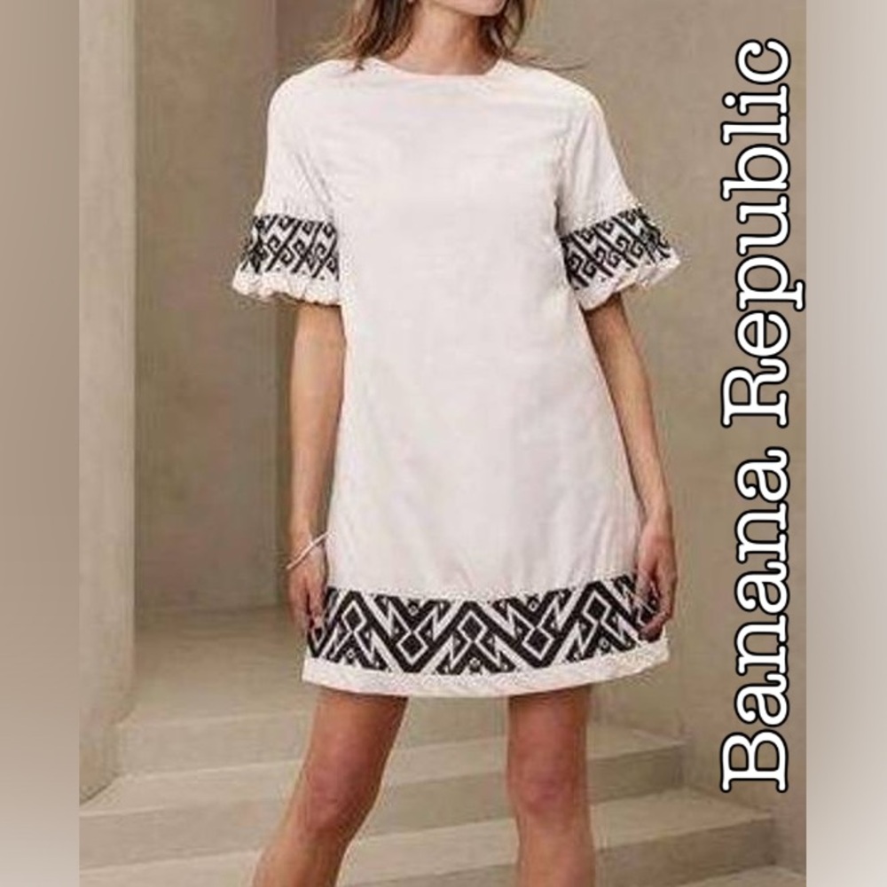 Banana Republic Cream Embroidered Puff Sleeves Mini Dress Size Large